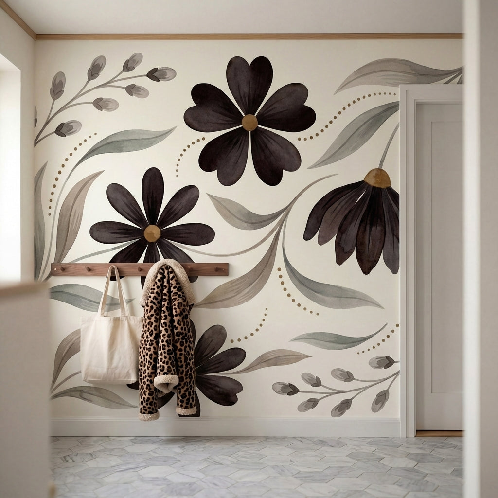 papier peint floral noir et blanc fleurs stylisees six petales feuillage gris ta-VARIANTE-9