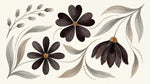 Papier peint panoramique floral noir et blanc - Fleurs stylisées six pétales feuillage gris taupe fond beige crème sur mesure - Design