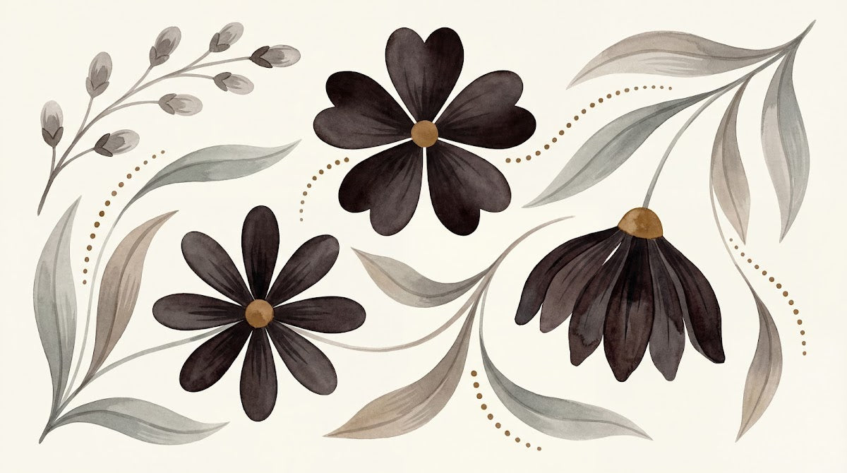 Papier peint panoramique floral noir et blanc - Fleurs stylisées six pétales feuillage gris taupe fond beige crème sur mesure - Design