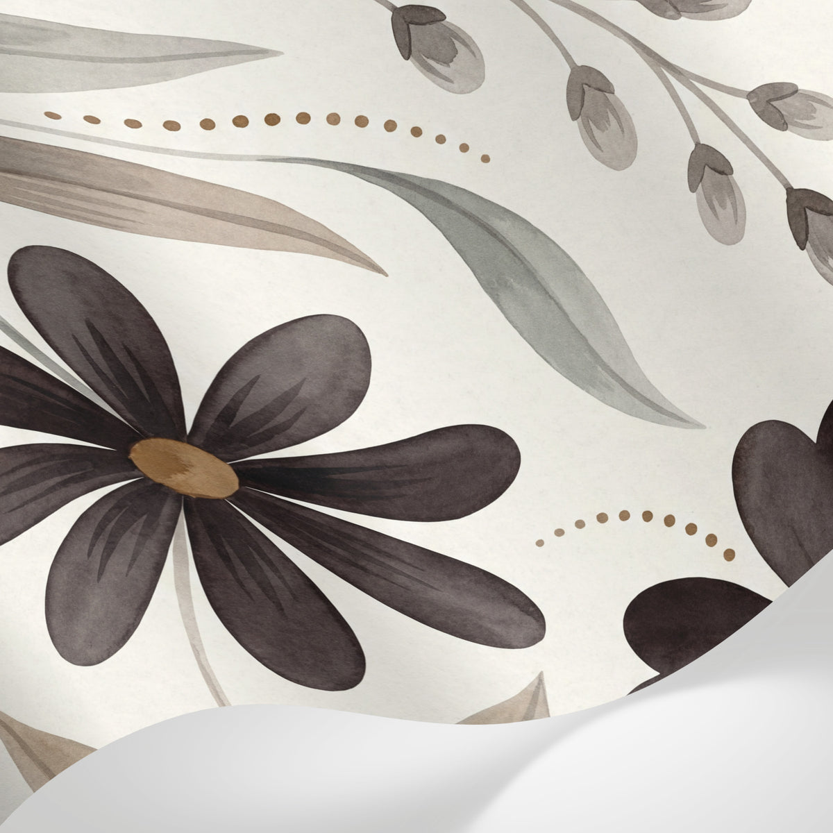 Papier peint panoramique floral noir et blanc - Fleurs stylisées six pétales feuillage gris taupe fond beige crème sur mesure - Matière