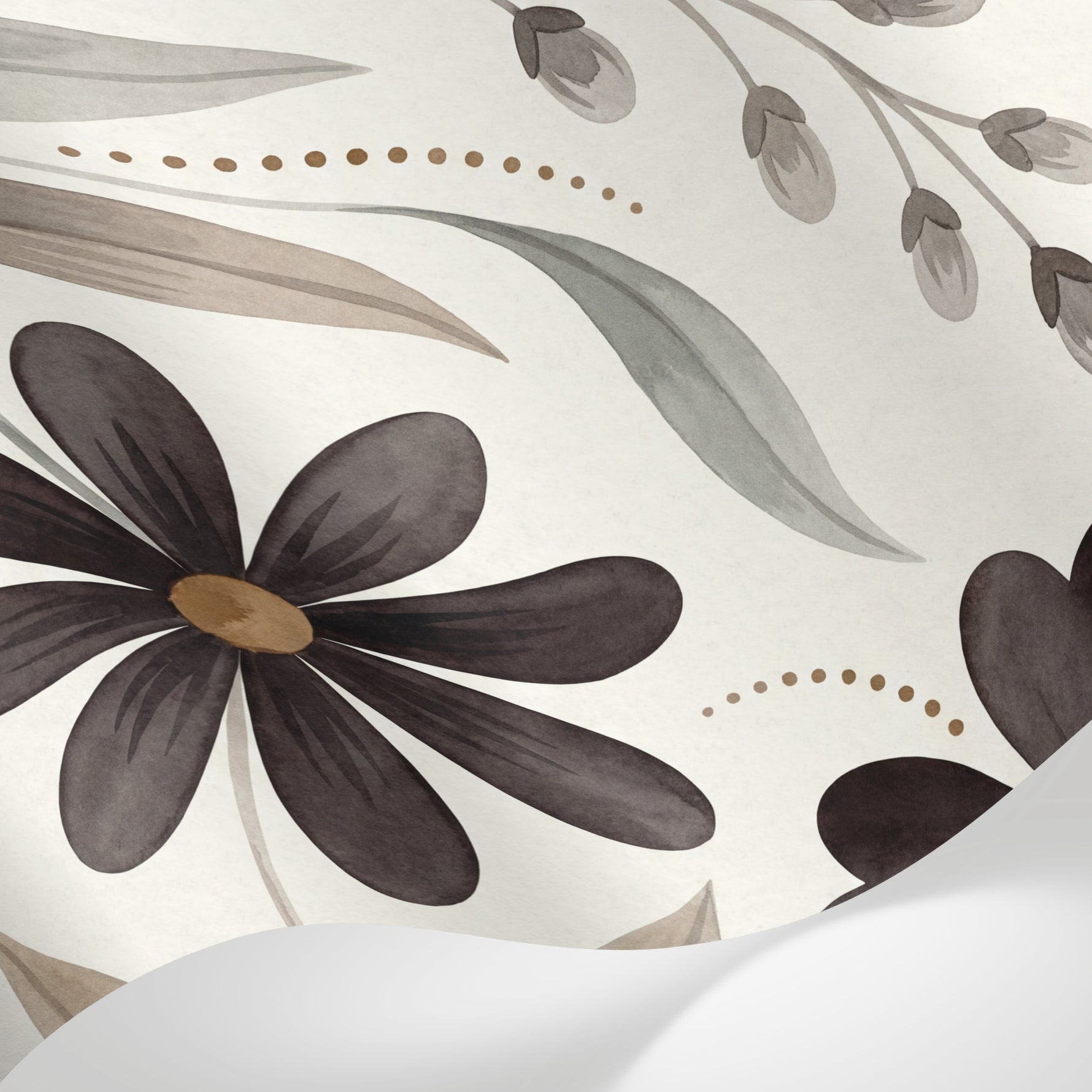 Papier peint panoramique floral noir et blanc - Fleurs stylisées six pétales feuillage gris taupe fond beige crème sur mesure - Matière