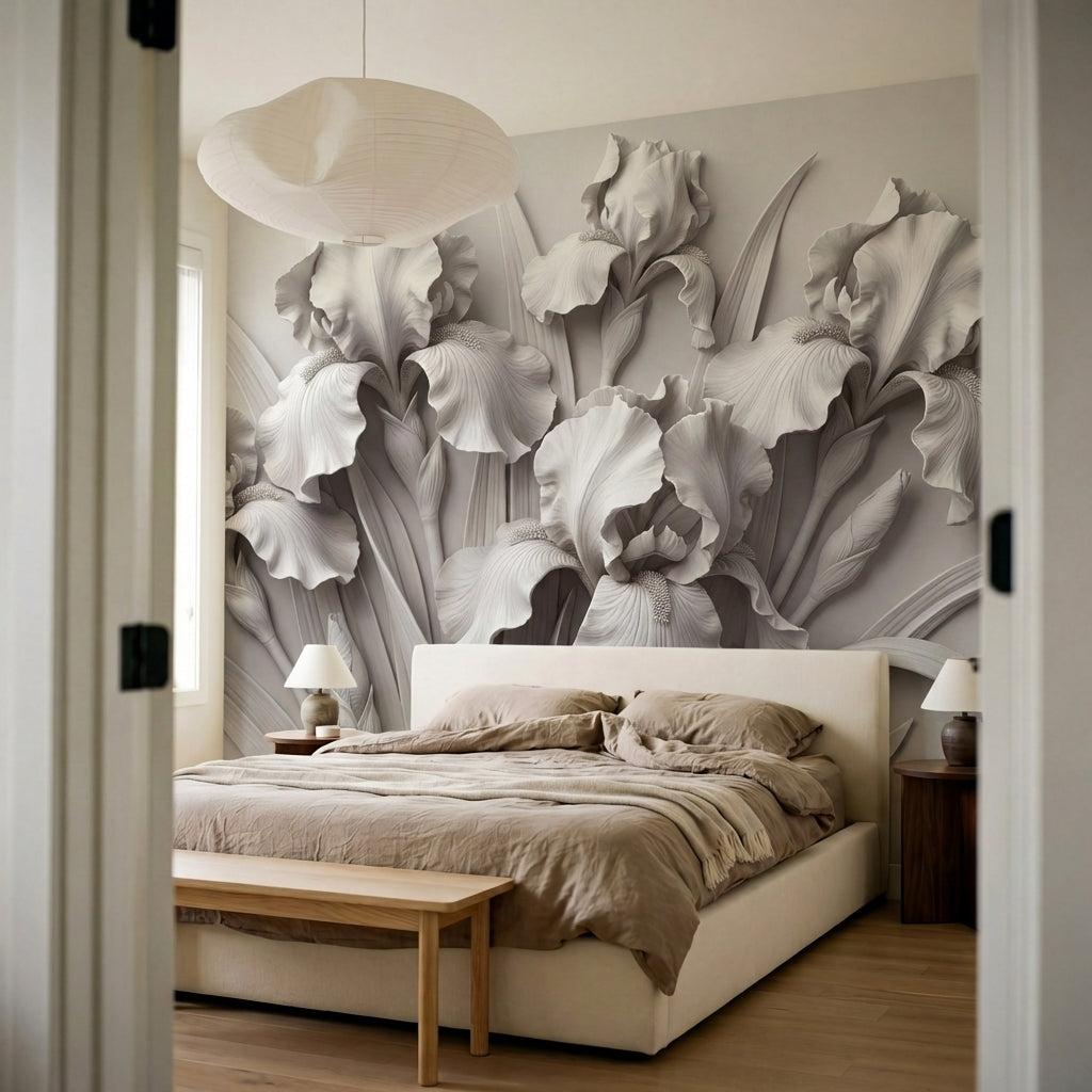 papier peint floral noir et blanc iris sculptes petales delicats relief tons gri-10