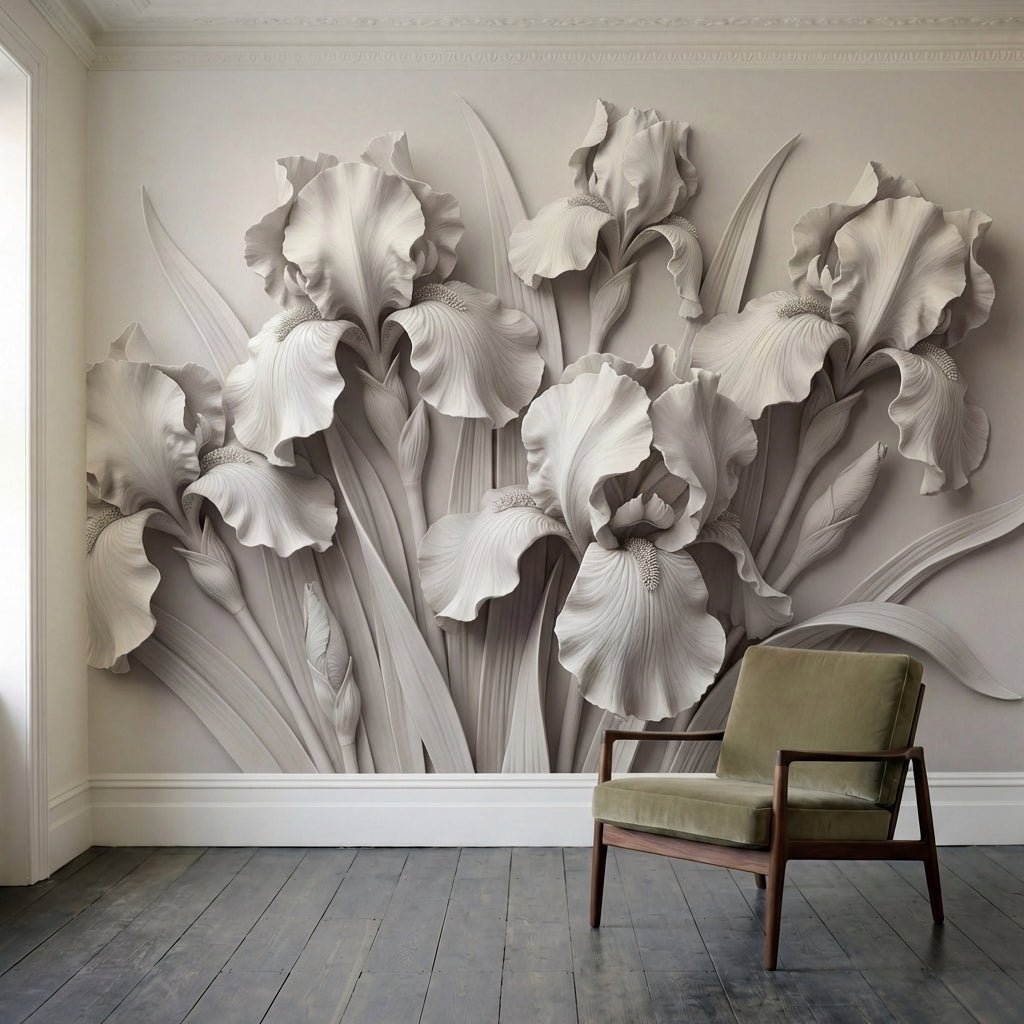 papier peint floral noir et blanc iris sculptes petales delicats relief tons gri-2