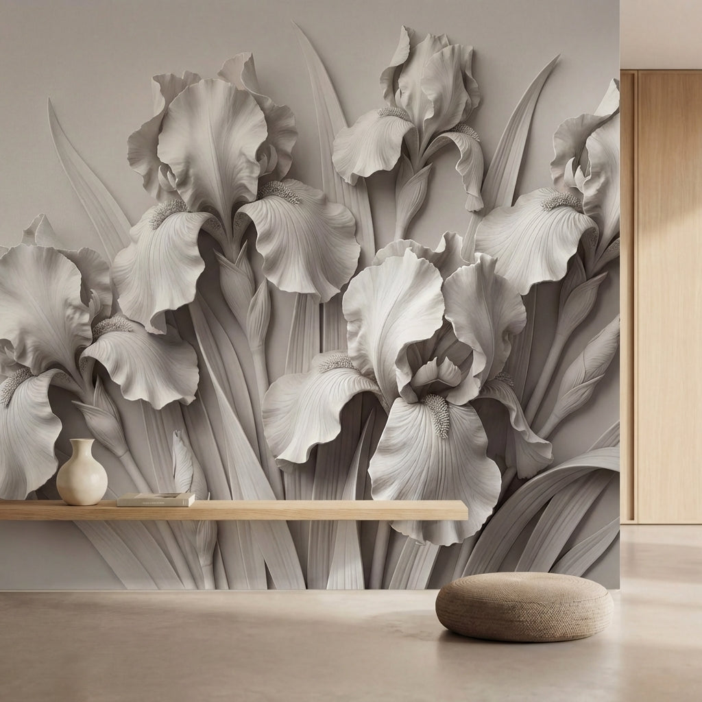 papier peint floral noir et blanc iris sculptes petales delicats relief tons gri-HERO-9