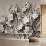 papier peint floral noir et blanc iris sculptes petales delicats relief tons gri-HERO-9