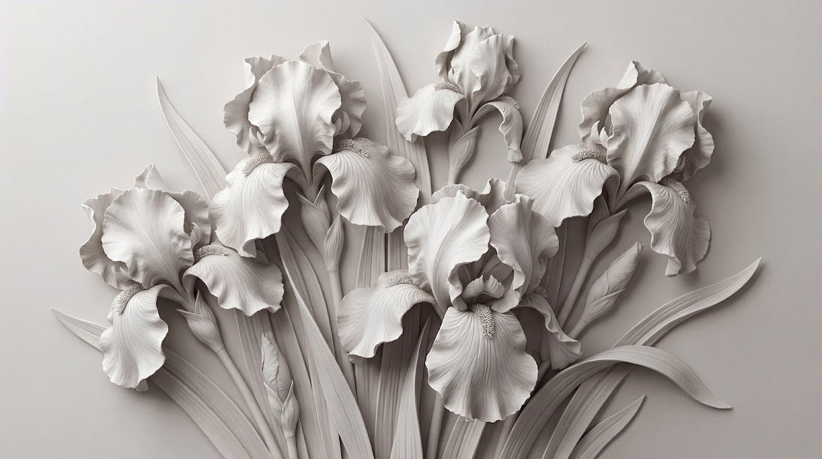 Papier peint panoramique floral noir et blanc - Iris sculptés pétales délicats relief tons gris perle et blanc crème sur mesure - Design