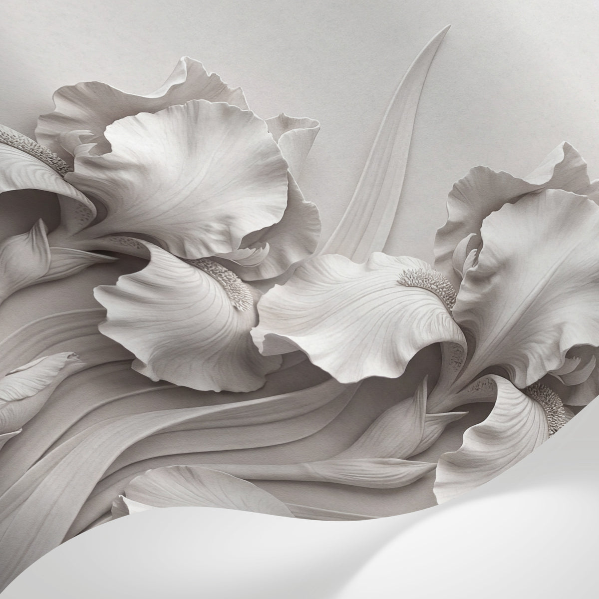 Papier peint panoramique floral noir et blanc - Iris sculptés pétales délicats relief tons gris perle et blanc crème sur mesure - Matière