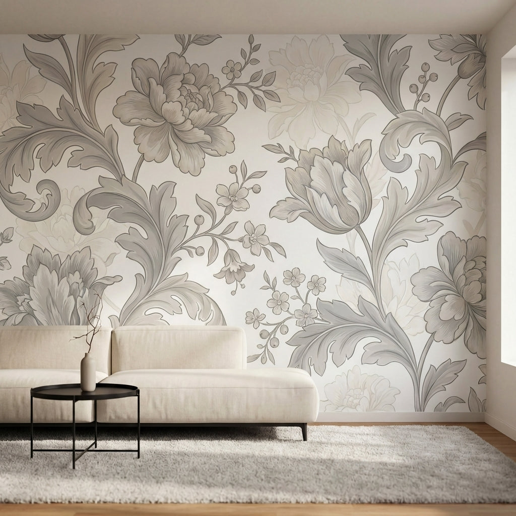 papier peint floral noir et blanc pivoines detaillees feuillages ornementaux ara-2