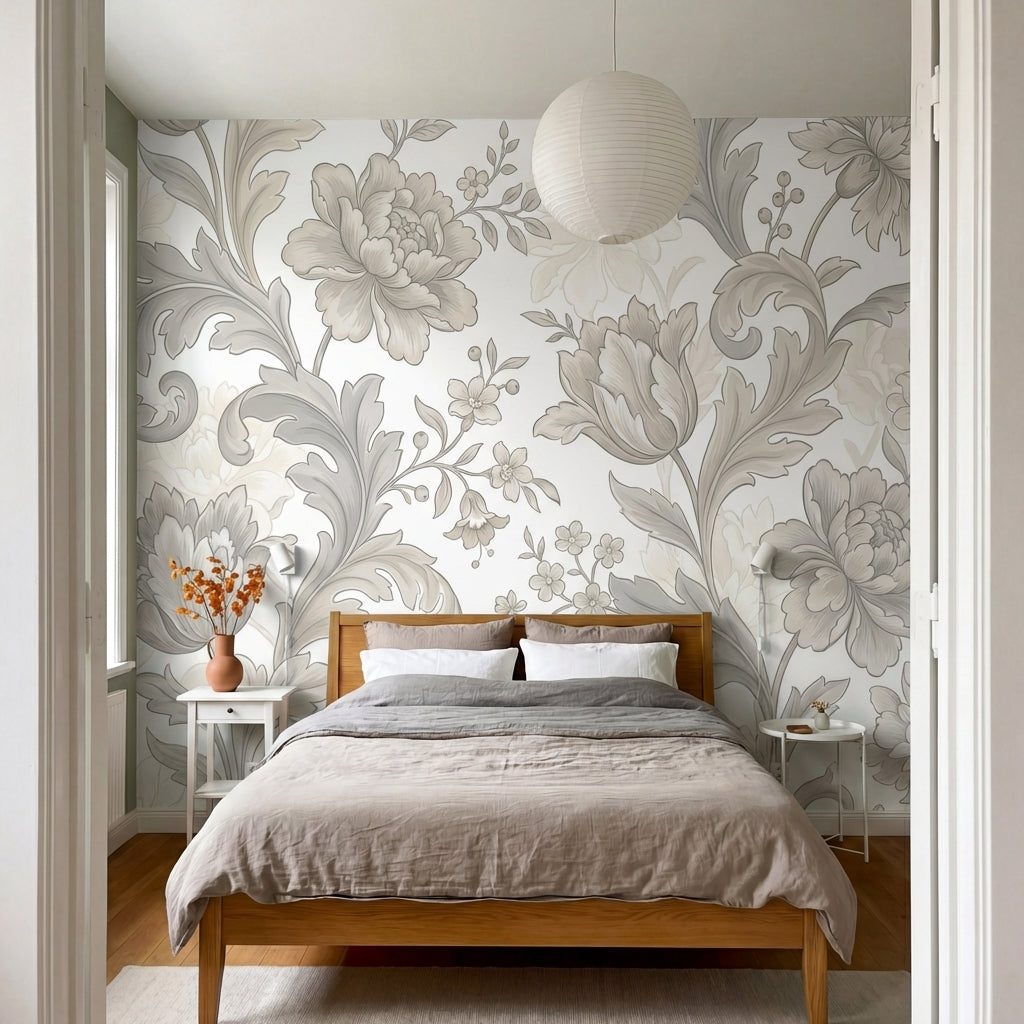 papier peint floral noir et blanc pivoines detaillees feuillages ornementaux ara-7