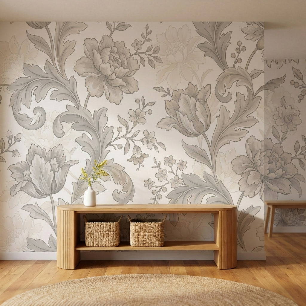 papier peint floral noir et blanc pivoines detaillees feuillages ornementaux ara-HERO-6