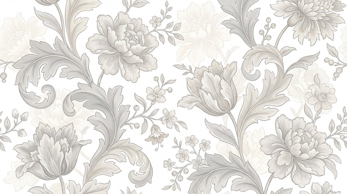 Papier peint panoramique floral noir et blanc - Pivoines détaillées feuillages ornementaux arabesques tons beige crème et gris sur mesure - Design