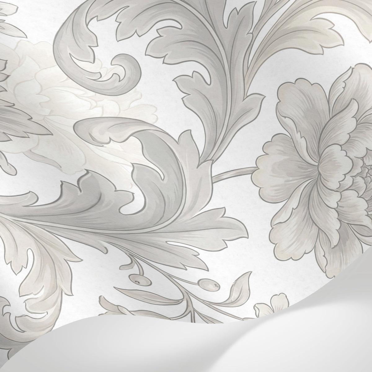 Papier peint panoramique floral noir et blanc - Pivoines détaillées feuillages ornementaux arabesques tons beige crème et gris sur mesure - Matière