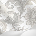 Papier peint panoramique floral noir et blanc - Pivoines détaillées feuillages ornementaux arabesques tons beige crème et gris sur mesure - Matière
