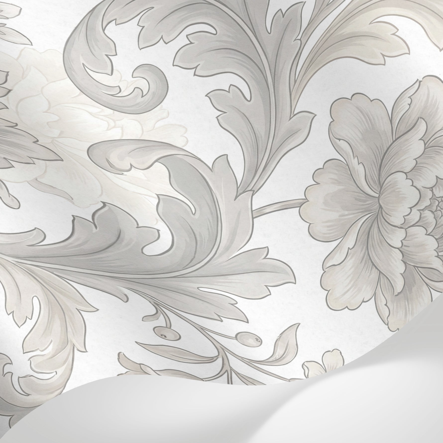 Papier peint panoramique floral noir et blanc - Pivoines détaillées feuillages ornementaux arabesques tons beige crème et gris sur mesure - Matière