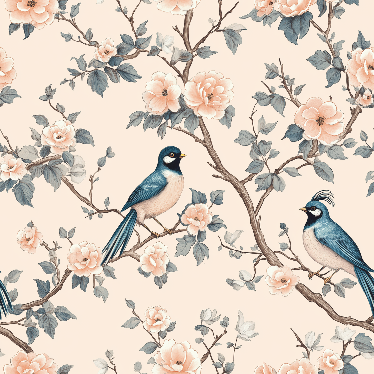 Papier peint motif floral - Oiseaux bleus et roses sauvages rose poudré sur fond crème - Design