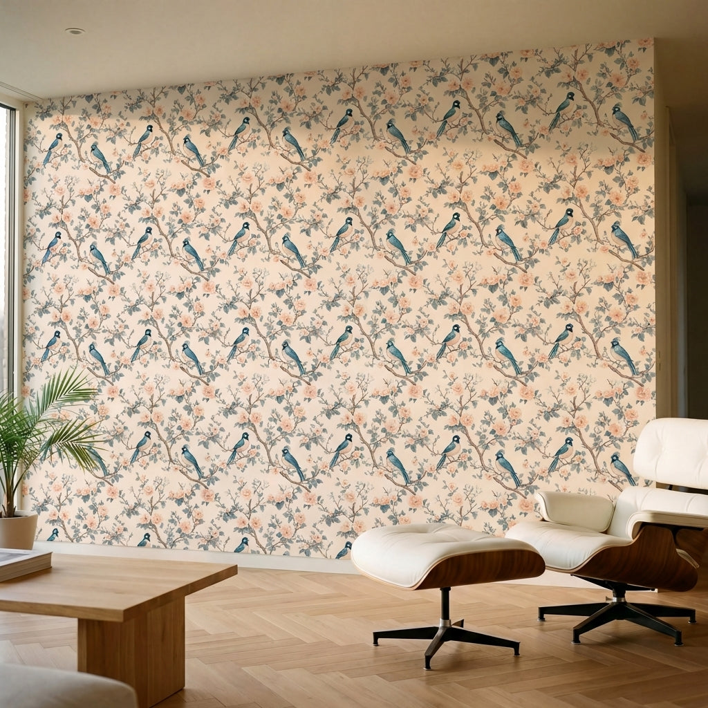 papier peint floral oiseaux bleus et roses sauvages rose poudre sur fond creme p-HERO-1