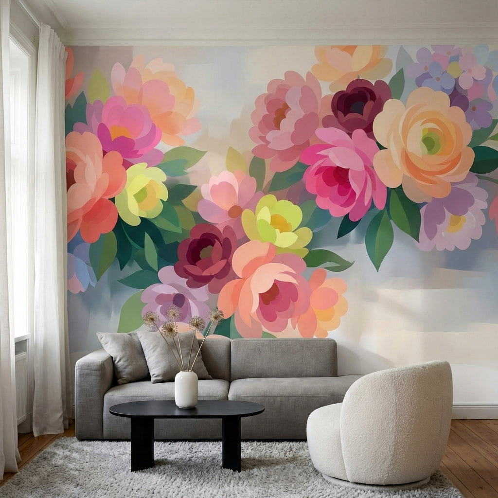 papier peint floral pastel pivoines roses corail peche feuillage vert tendre fon-10