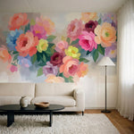 papier peint floral pastel pivoines roses corail peche feuillage vert tendre fon-3