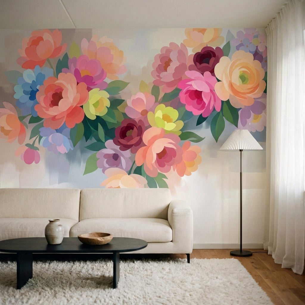 papier peint floral pastel pivoines roses corail peche feuillage vert tendre fon-3