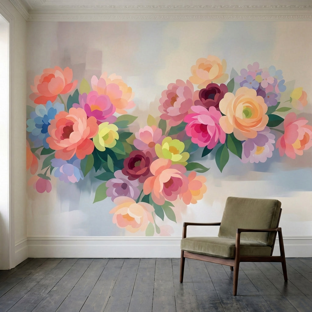 papier peint floral pastel pivoines roses corail peche feuillage vert tendre fon-4
