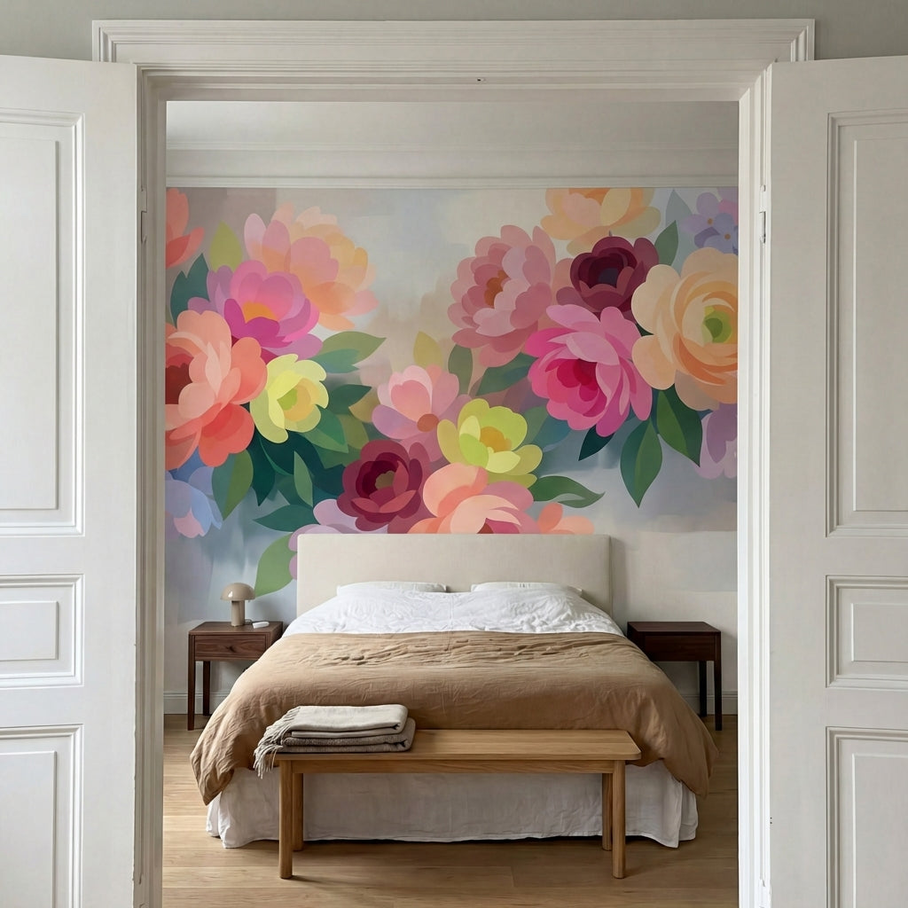 papier peint floral pastel pivoines roses corail peche feuillage vert tendre fon-9