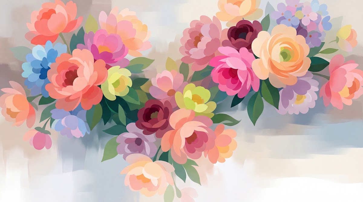 Papier peint panoramique floral - Pivoines roses corail pêche feuillage vert tendre fond blanc crème sur mesure - Design