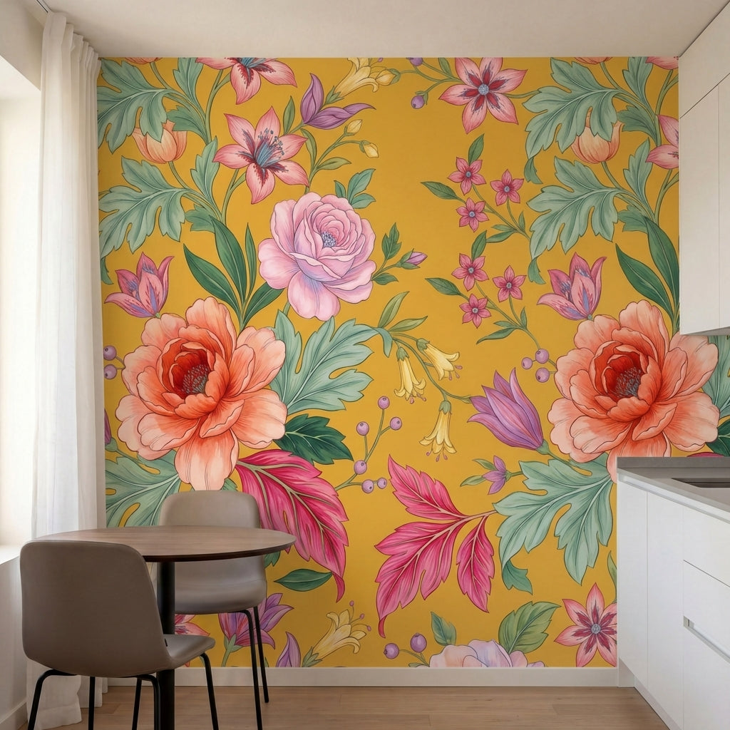 papier peint floral pivoines roses fleurs delicates feuillage vert fond moutarde-2