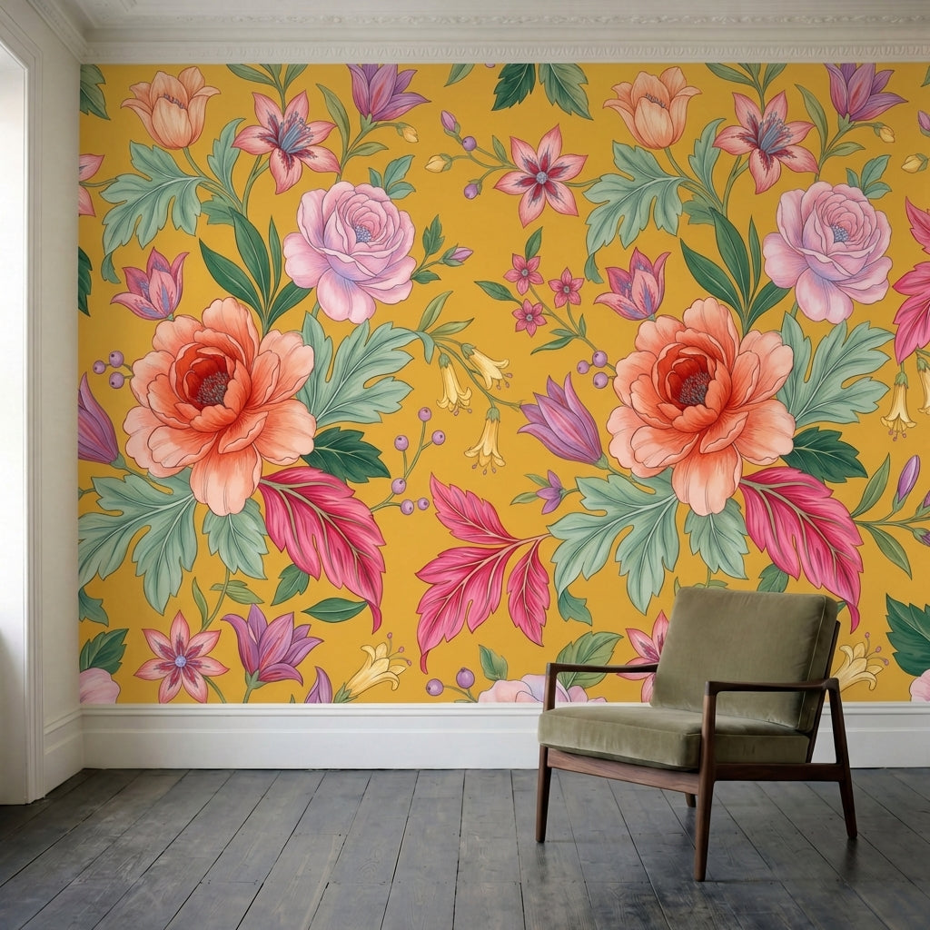 papier peint floral pivoines roses fleurs delicates feuillage vert fond moutarde-4