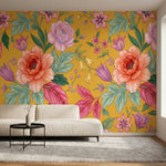 papier peint floral pivoines roses fleurs delicates feuillage vert fond moutarde-5