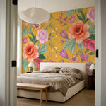 papier peint floral pivoines roses fleurs delicates feuillage vert fond moutarde-7