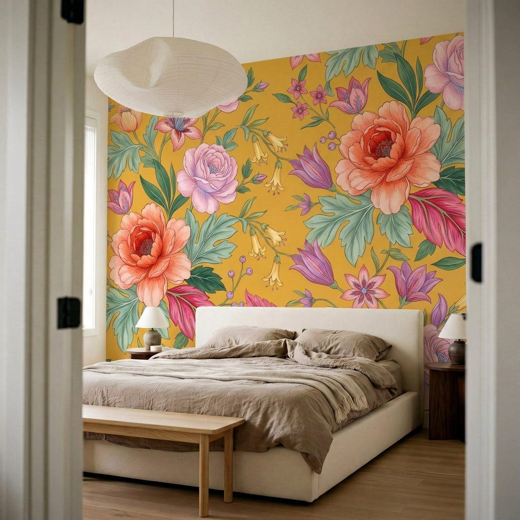 papier peint floral pivoines roses fleurs delicates feuillage vert fond moutarde-7