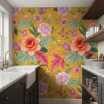 papier peint floral pivoines roses fleurs delicates feuillage vert fond moutarde-HERO-6