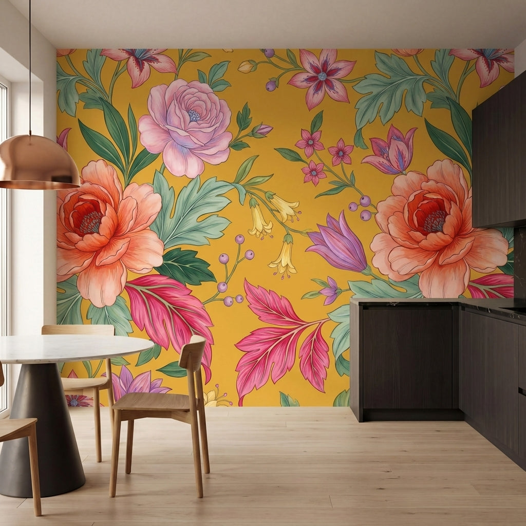papier peint floral pivoines roses fleurs delicates feuillage vert fond moutarde-HERO-7