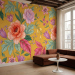 papier peint floral pivoines roses fleurs delicates feuillage vert fond moutarde-HERO-9
