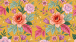 Papier peint panoramique floral - Pivoines roses fleurs délicates feuillage vert fond moutarde doré sur mesure - Design