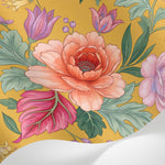 Papier peint panoramique floral - Pivoines roses fleurs délicates feuillage vert fond moutarde doré sur mesure - Matière