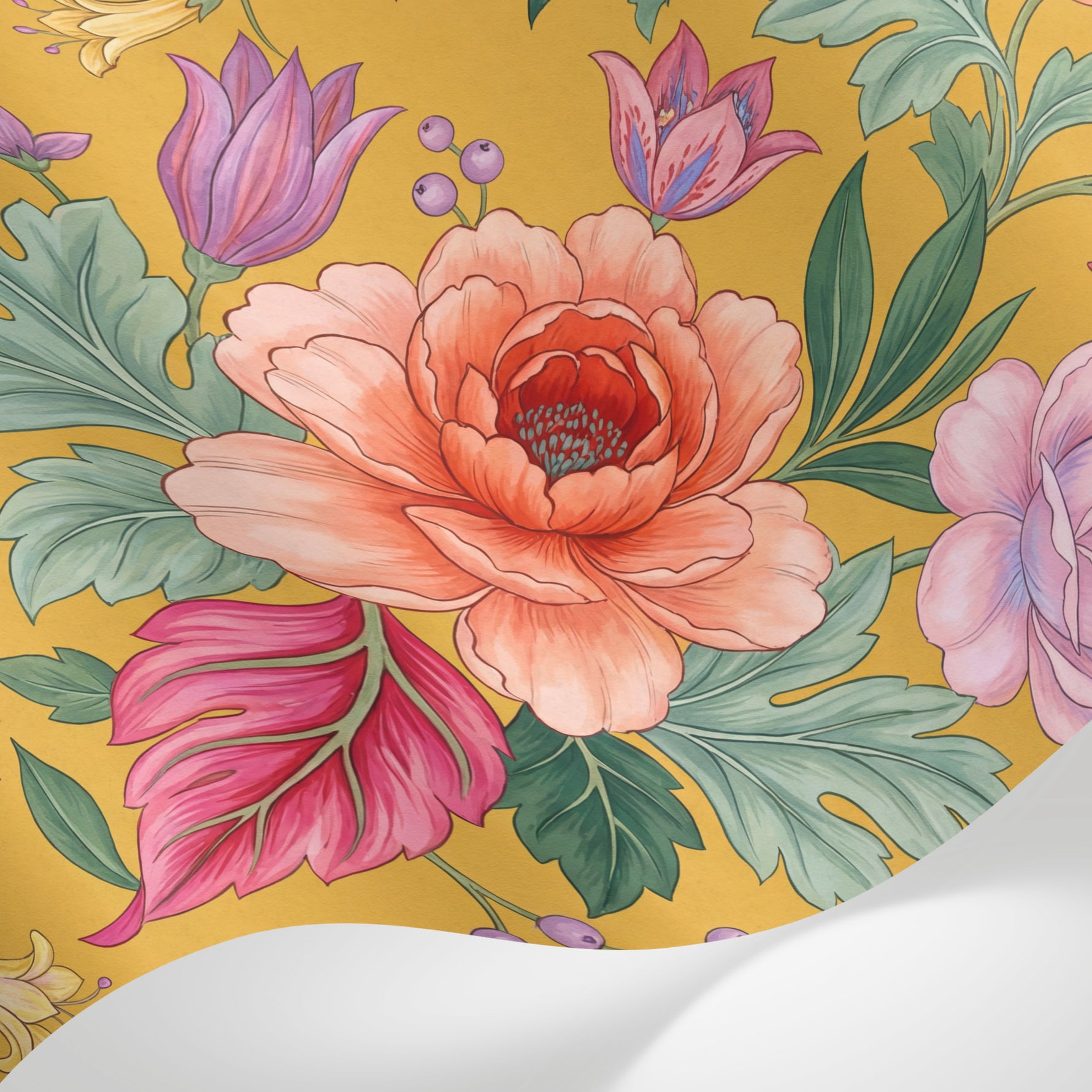 Papier peint panoramique floral - Pivoines roses fleurs délicates feuillage vert fond moutarde doré sur mesure - Matière