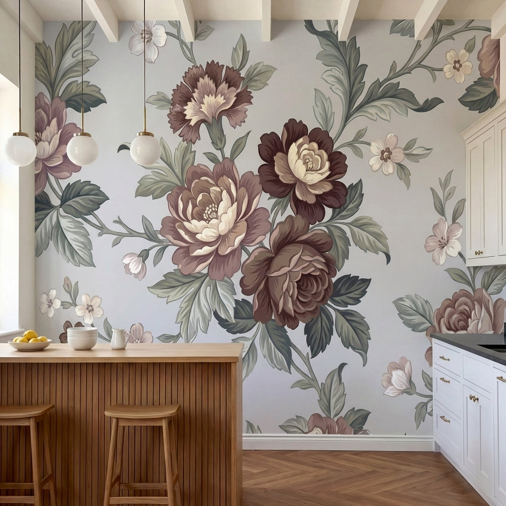 papier peint floral rose pivoines roses blanches feuillage vert fond gris poudre-3