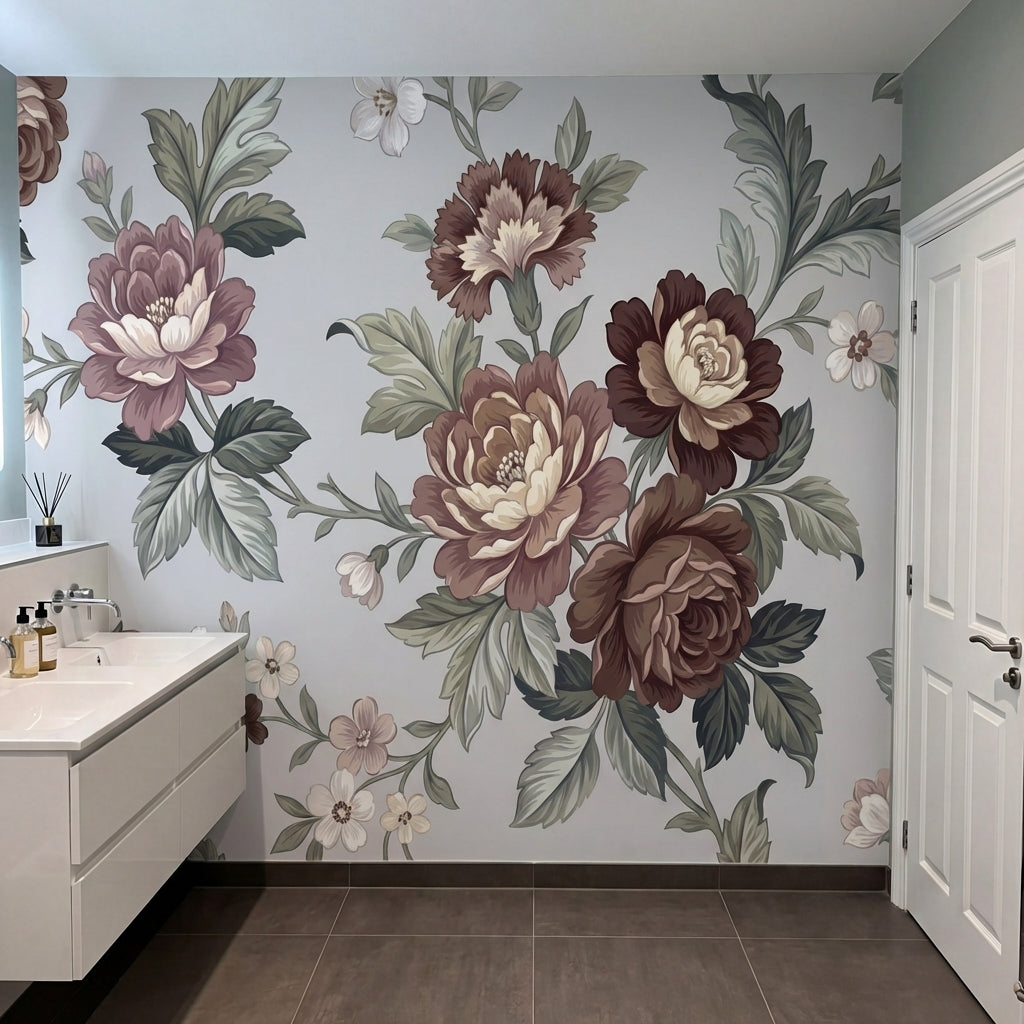 papier peint floral rose pivoines roses blanches feuillage vert fond gris poudre-6