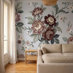 papier peint floral rose pivoines roses blanches feuillage vert fond gris poudre-7