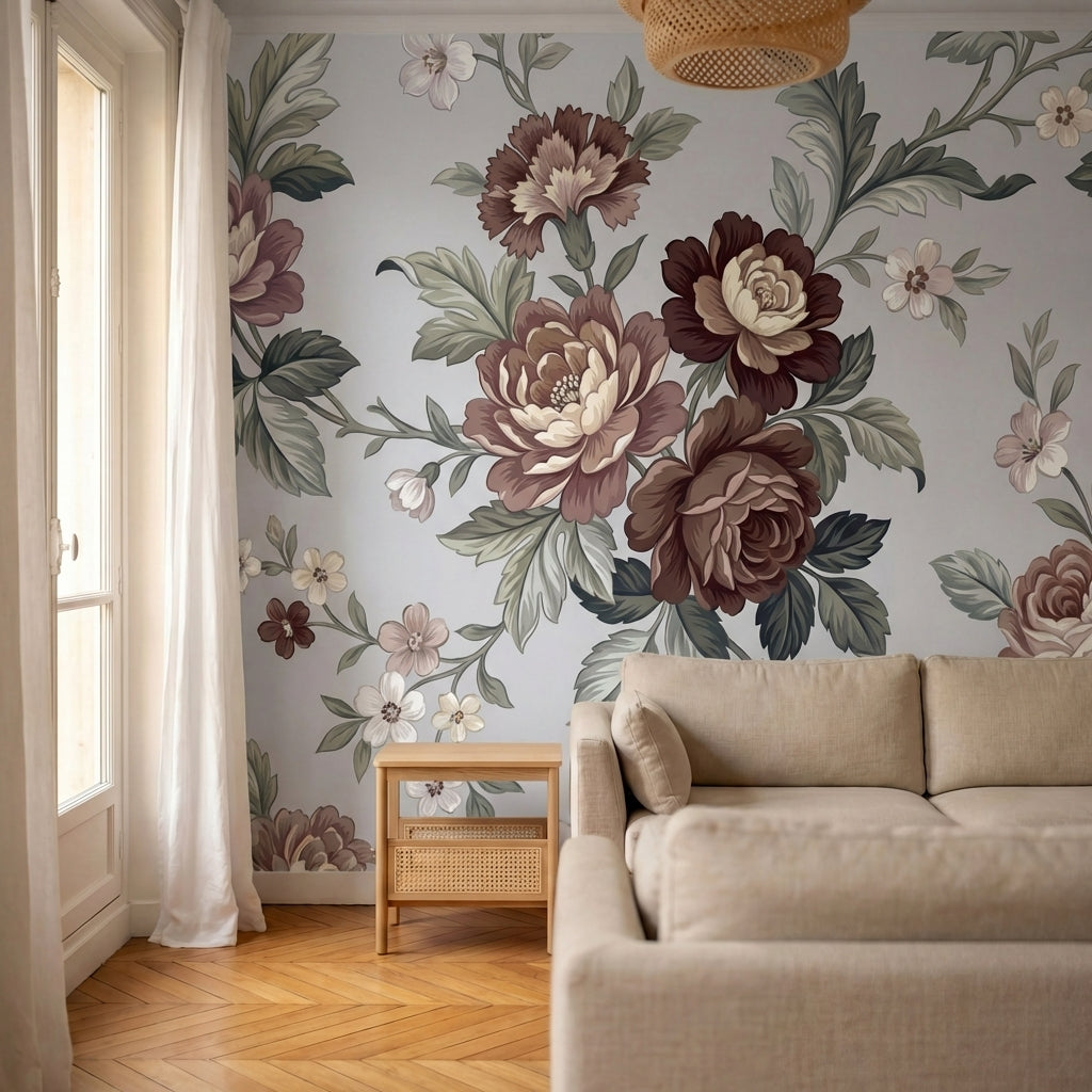 papier peint floral rose pivoines roses blanches feuillage vert fond gris poudre-7