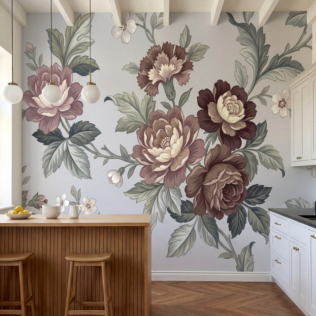 papier peint floral rose pivoines roses blanches feuillage vert fond gris poudre-HERO-6