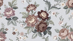 Papier peint panoramique floral - Pivoines roses blanches feuillage vert fond gris poudré vintage sur mesure - Design