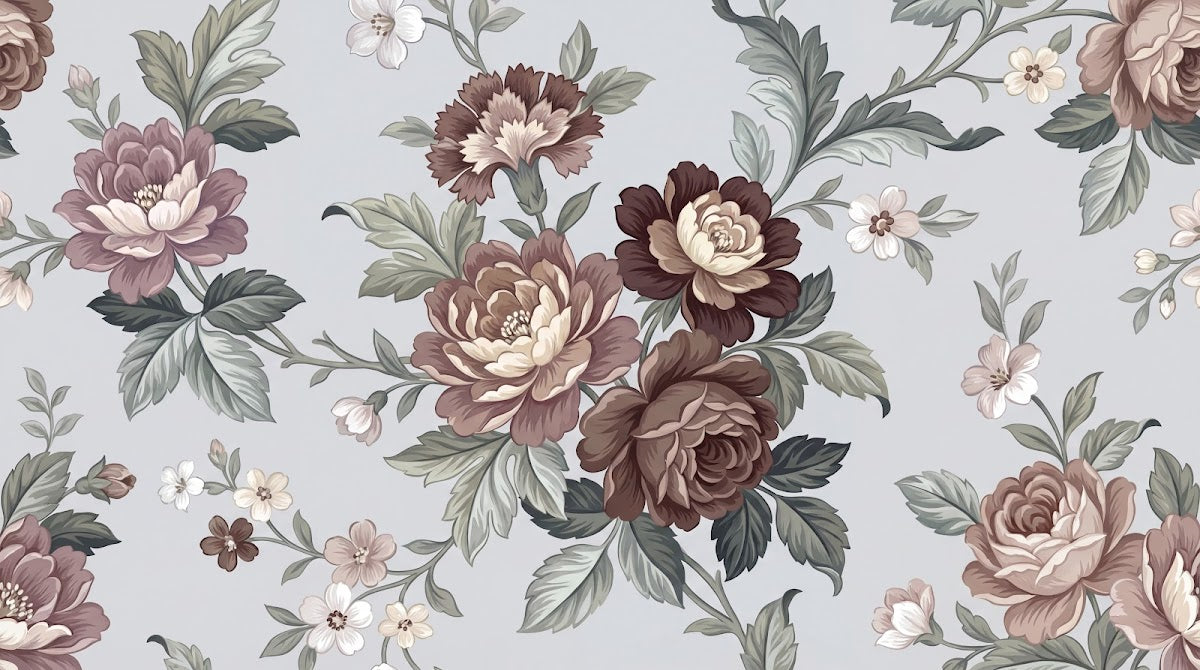 Papier peint panoramique floral - Pivoines roses blanches feuillage vert fond gris poudré vintage sur mesure - Design