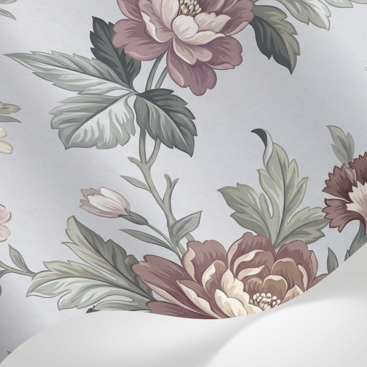 Papier peint panoramique floral - Pivoines roses blanches feuillage vert fond gris poudré vintage sur mesure - Matière
