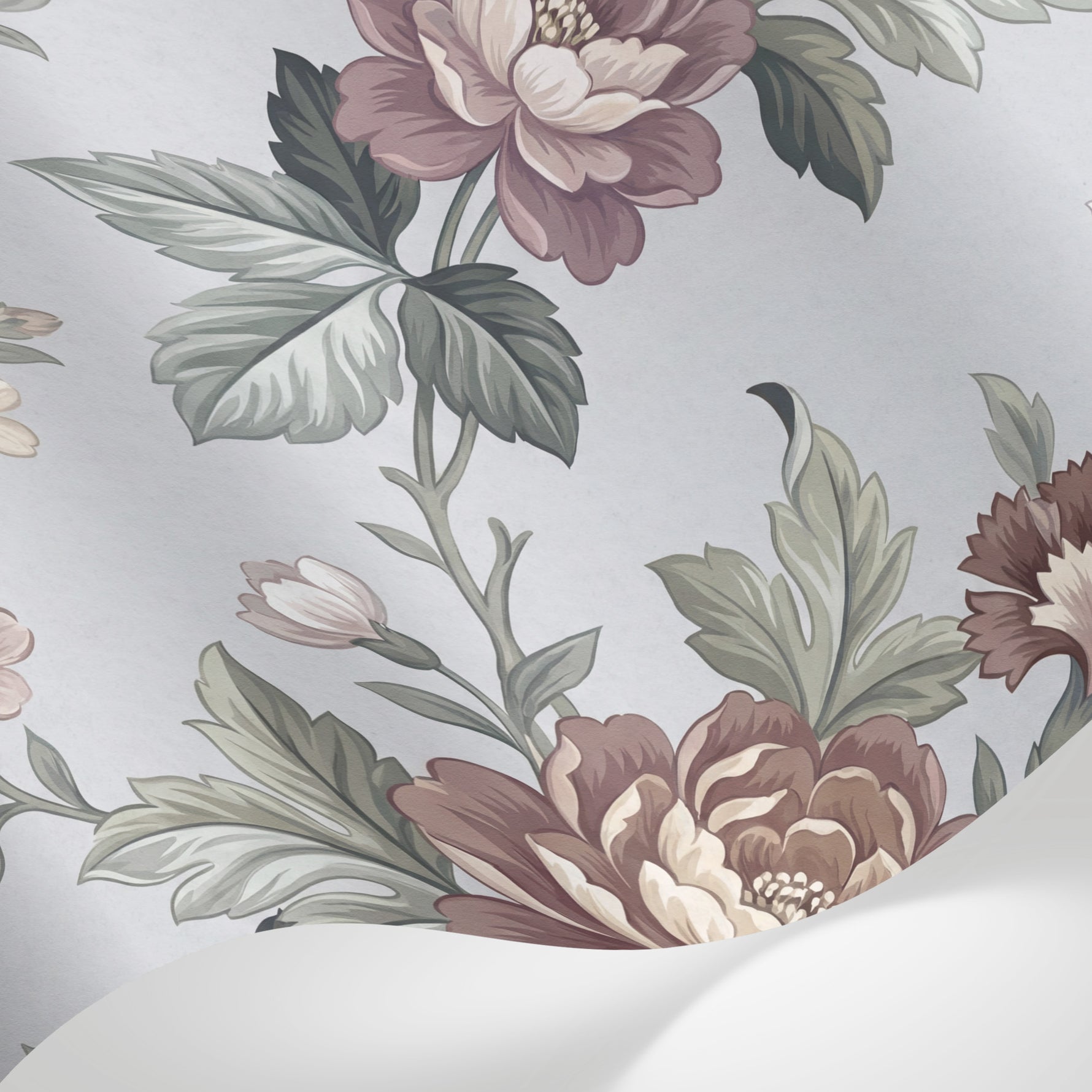 Papier peint panoramique floral - Pivoines roses blanches feuillage vert fond gris poudré vintage sur mesure - Matière