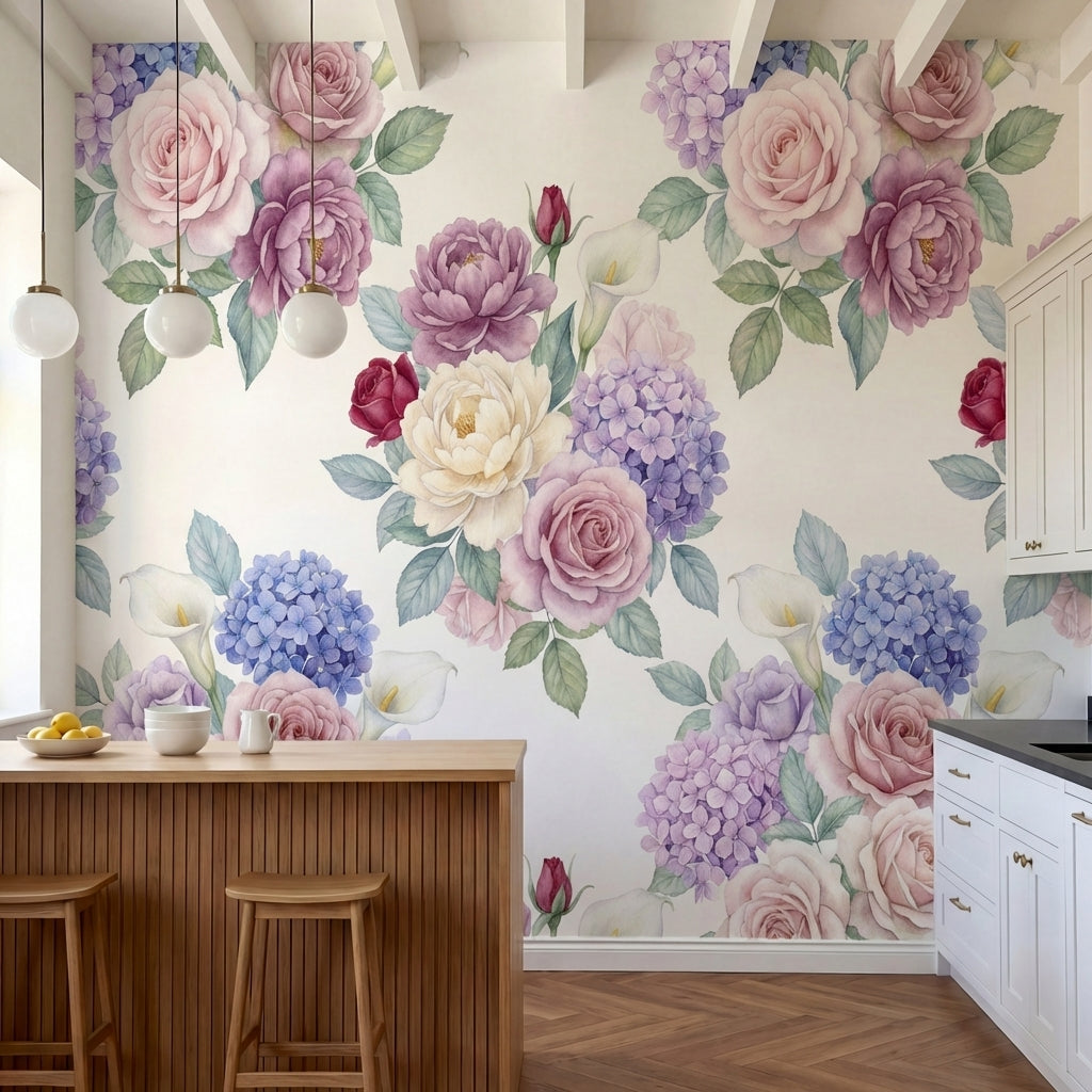 papier peint floral rose roses pivoines hortensias callas motifs repetitifs fond-1