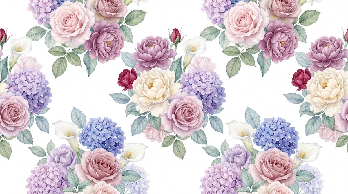 Papier peint panoramique floral - Roses pivoines hortensias callas motifs répétitifs fond blanc et violet pastel sur mesure - Design
