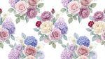 Papier peint panoramique floral - Roses pivoines hortensias callas motifs répétitifs fond blanc et violet pastel sur mesure - Design
