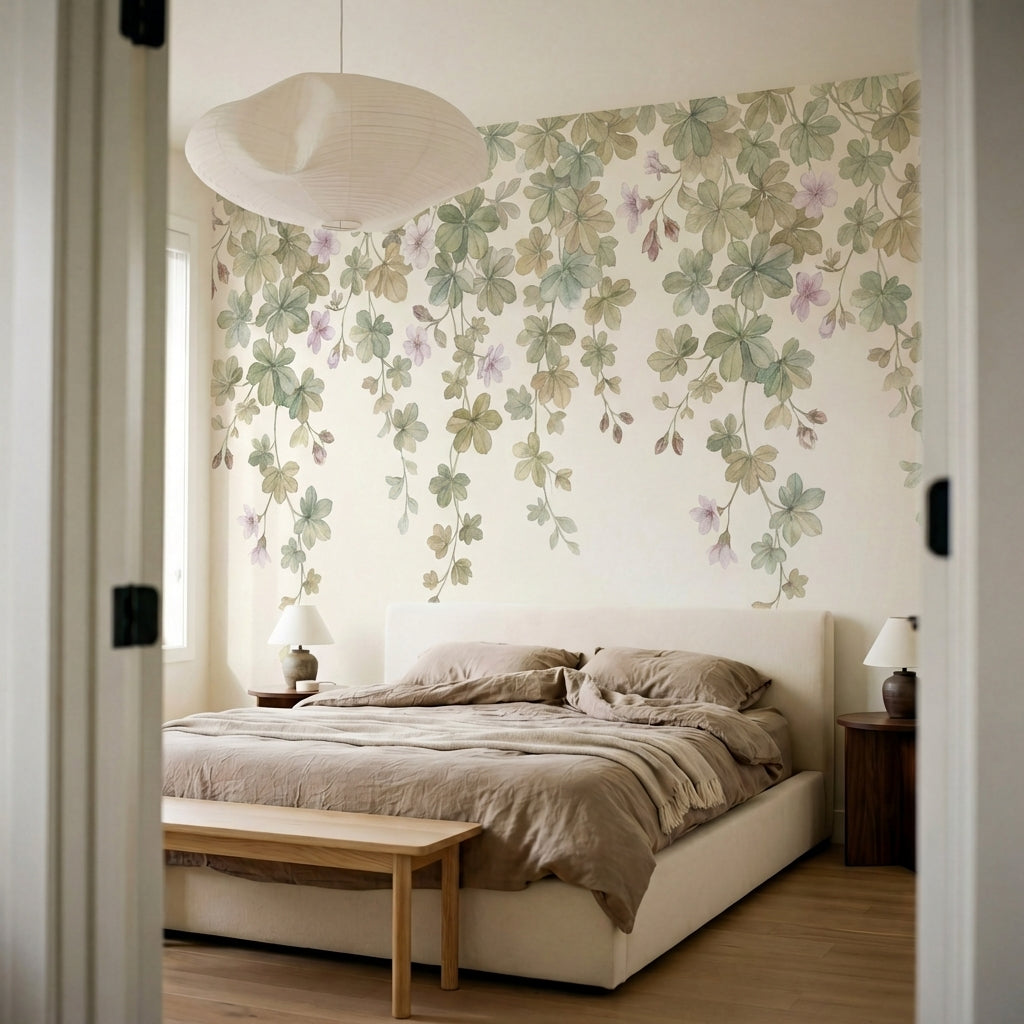 papier peint floral vert branches tombantes feuilles palmees fleurs lilas fond b-8